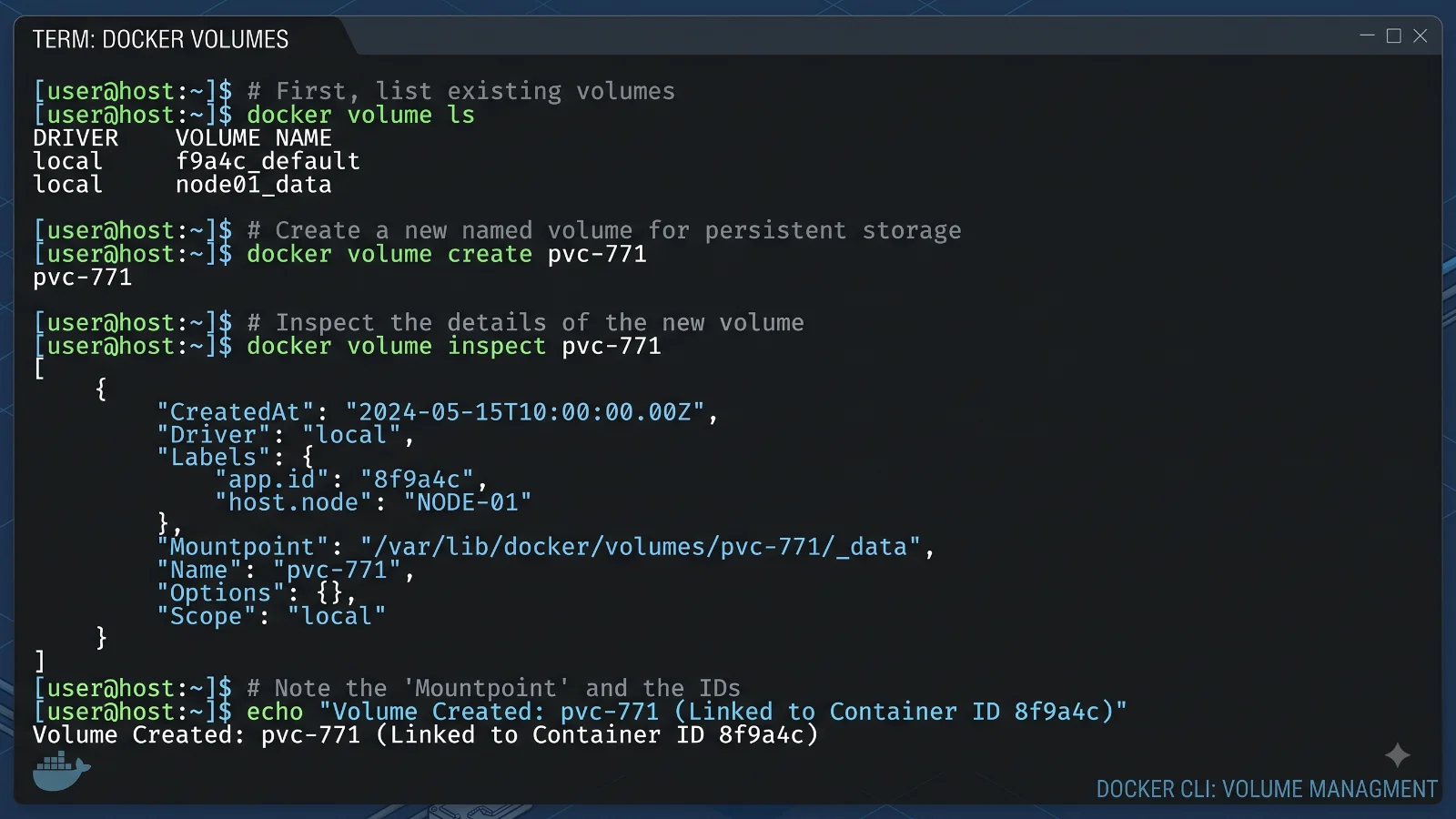 Terminal showing Docker CLI volume management commands