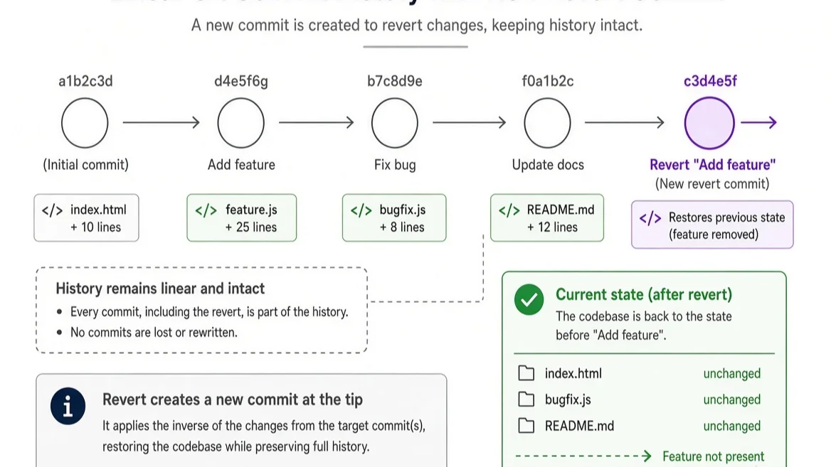 Visual diagram of Git commit history showing linear progression and a revert commit