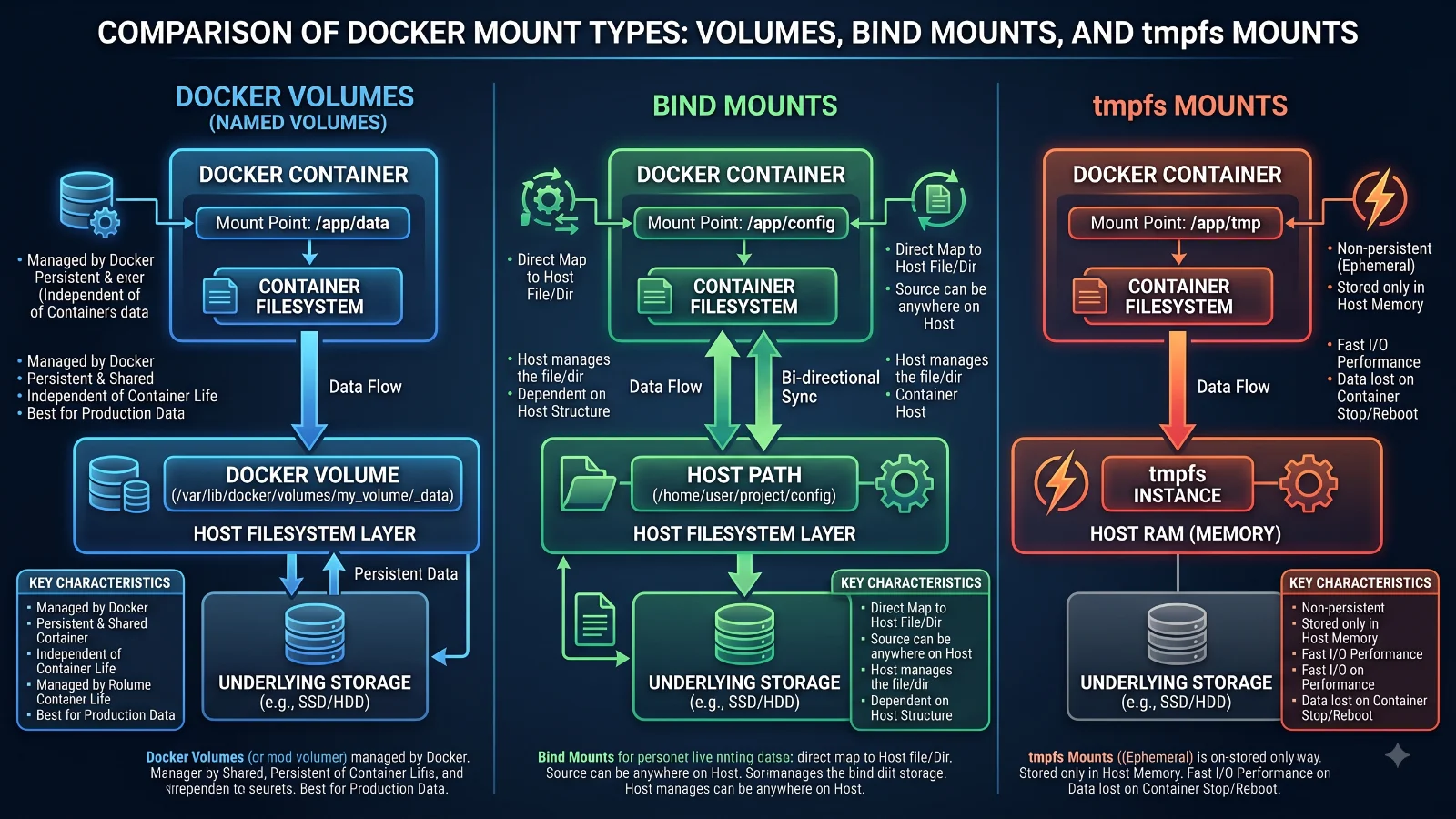 Architecture comparison diagram of Docker storage types