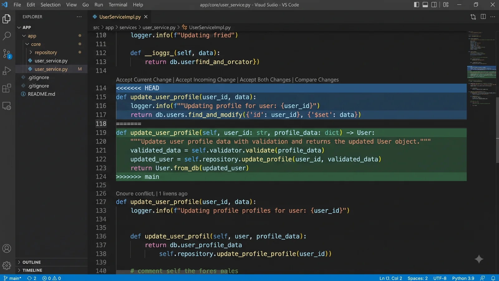 Code editor interface displaying Git conflict markers and split code sections