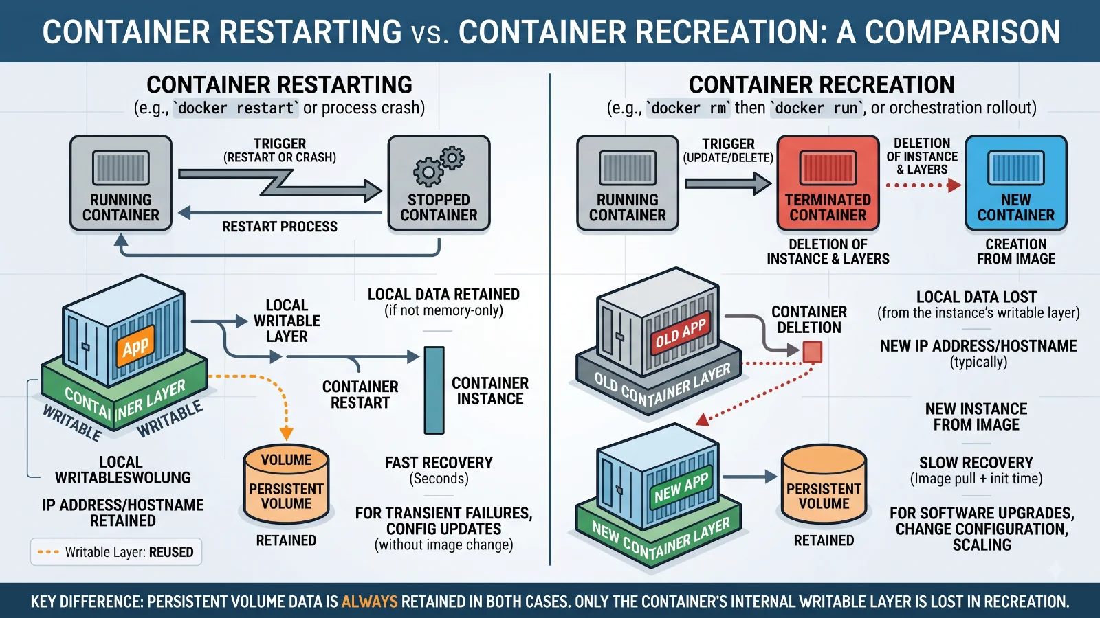 Technical diagram comparing Docker restart and container recreation workflows