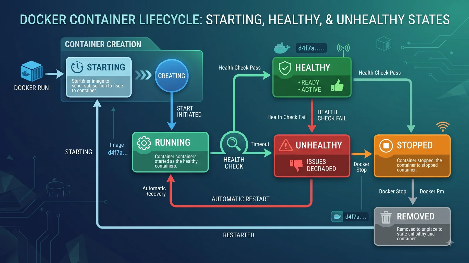 Diagram of Docker container health check state transitions