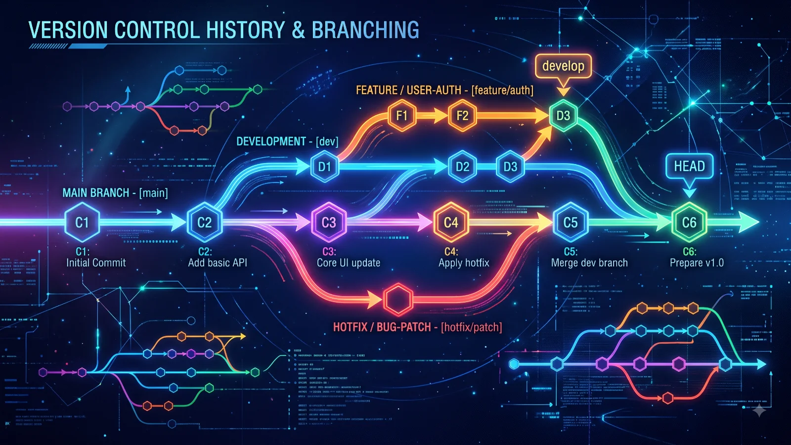 Diagram showing Git commit history branching and pointer manipulation