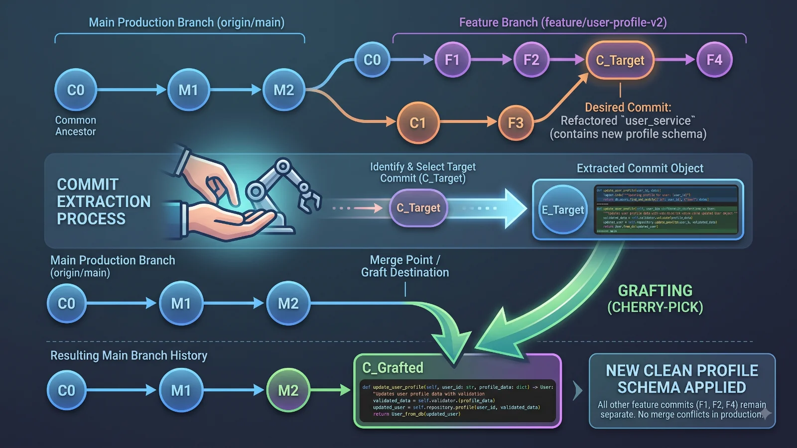 Diagram illustrating how a single commit is cherry-picked from one branch to another