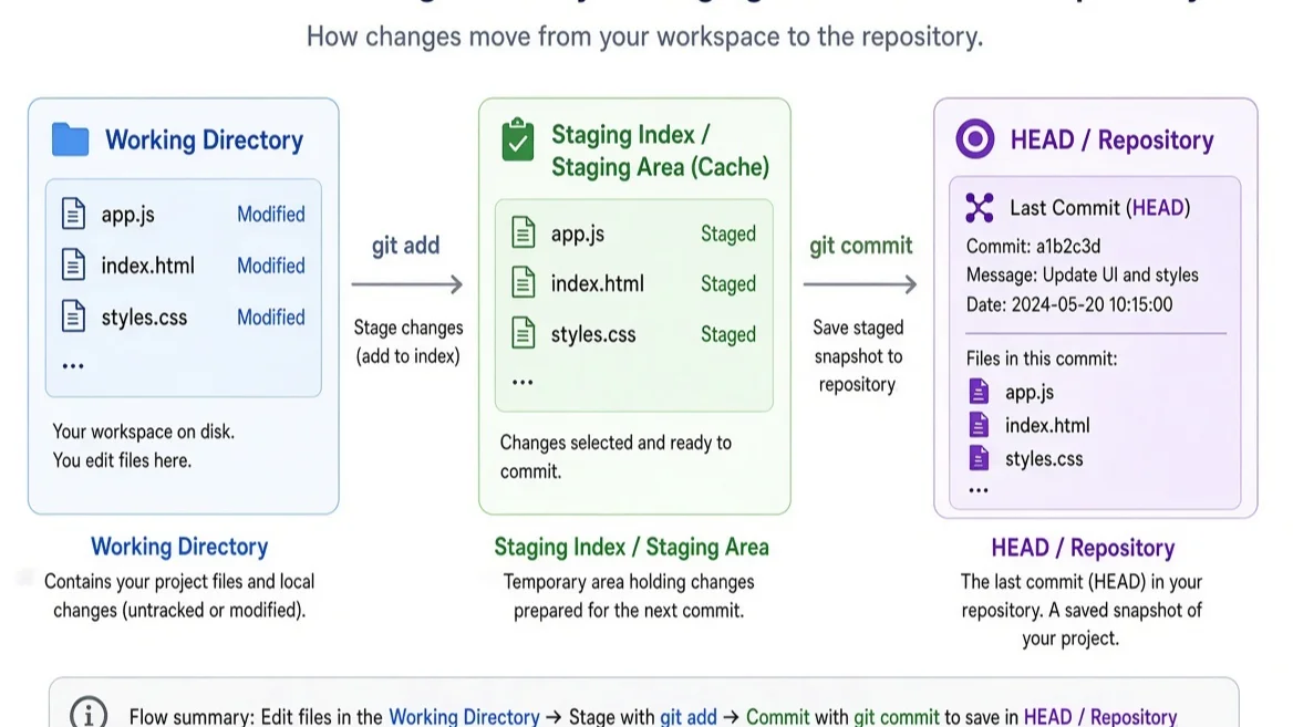Diagram showing Git tree architecture with HEAD, index, and working directory
